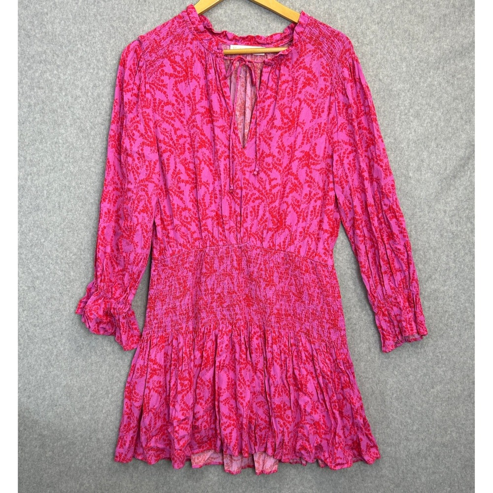 Karlie Size Large Mini Dress Pink Red Floral Smocked Waist Long Sleeve Cottage